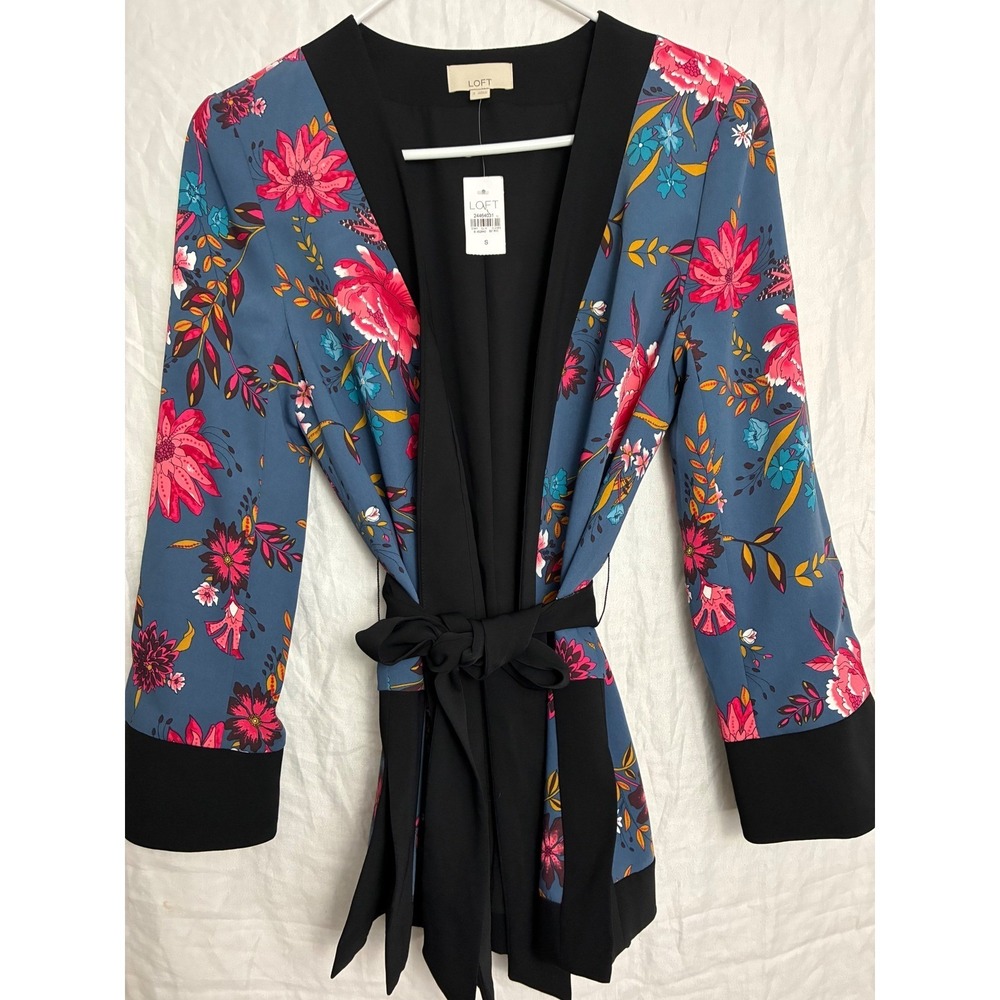 Loft Floral Kimono Wrap Jacket Womens Small Blue Pink Open Front Belted NWT - Picture 3 of 7